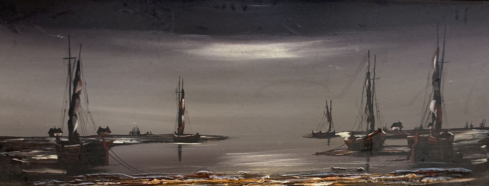 John Brangwyn, oil on board, Keyhaven, signed, 44 x 59cm, together with a 1970s oil, Estuary scene, 44 cx 113cm